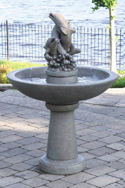 Dolphin Trio Spouting Garden Fountain Playing Waves Cement Spill